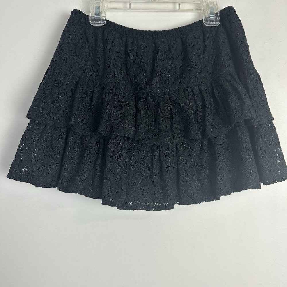 Vintage Wet Seal Micro Mini Skirt S Black Floral Lace Ruffle Whimsigoth Y2K‎